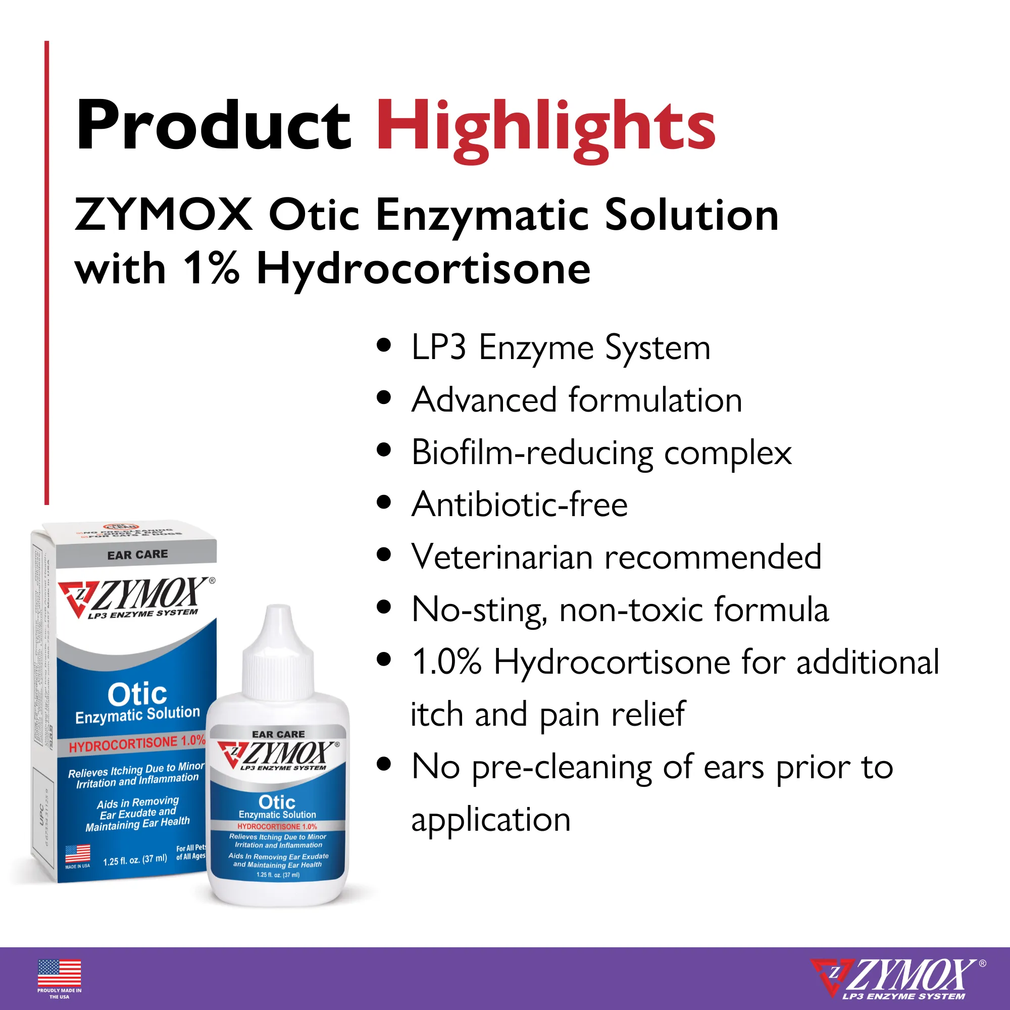 ZYMOX Otic Enzymatic Solution With 1% Hydrocortisone, Authentic Product Made in the USA - 1.25 oz